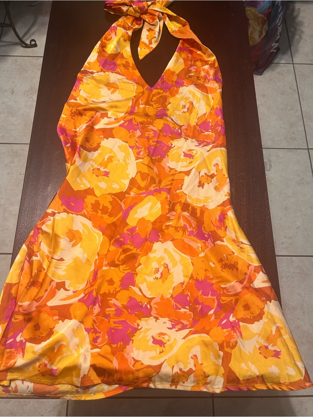 Vici Orange Floral Backless Halter Dress